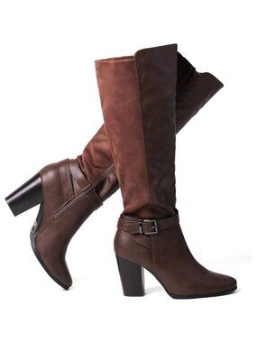Women's Heel Knee High Coffee Brown Boot Zip Up Chunky Heel Tall Fashions Boots